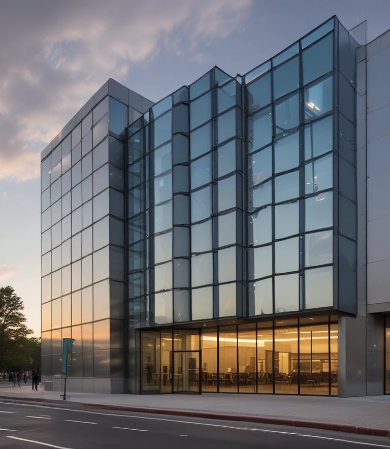 A modern architectural facade features large glass windows adorned with geometric patterns. Metal frames and beams create a grid-like structure, allowing ample light to penetrate. The design reflects urban sophistication and contemporary styling.