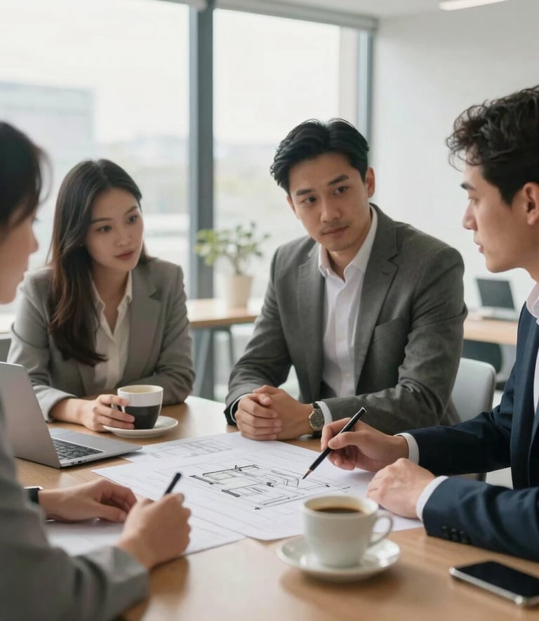 A professional business meeting in a bright, modern office in the UK, individuals discussing architectural plans over coffee, soft natural lighting.