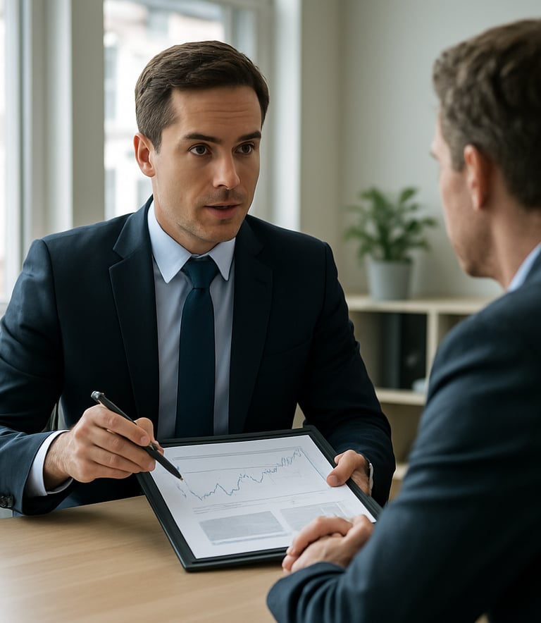 A sophisticated financial consultant in professional business attire discussing a portfolio with a client in a bright, modern Bristol office. The lighting is natural and soft, showcasing a trustworthy and professional atmosphere. British / UK setting.