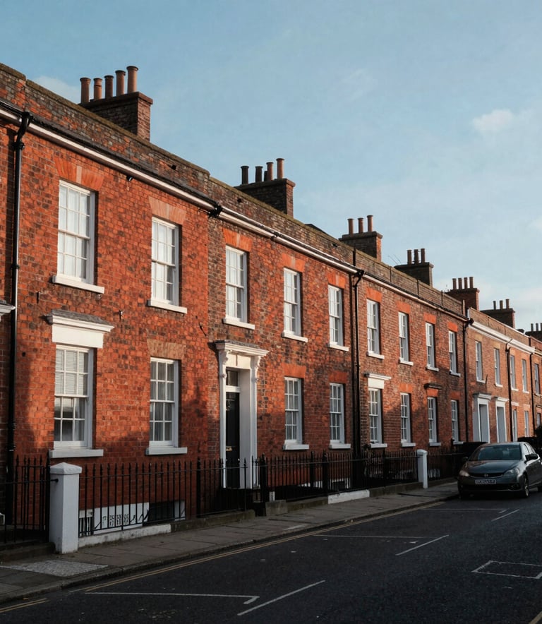 A wide-angle photography shot of a classic British residential street in Bristol with red brick houses, clean composition, soft morning light, and a clear blue sky.
