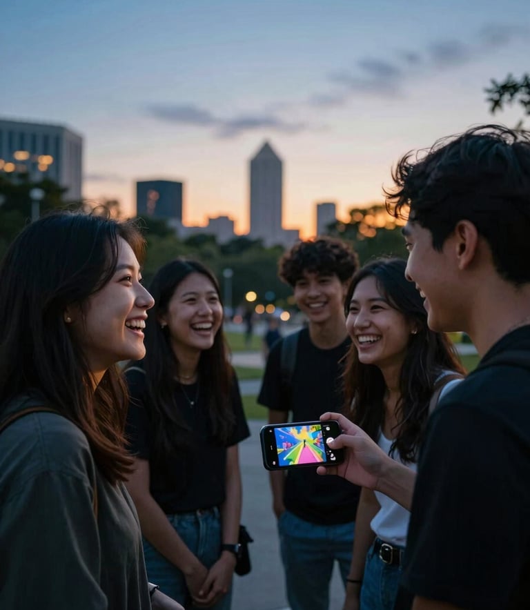 A group of young adults laughing together in a North American / US city park at dusk. One person is holding a smartphone showing a vibrant, colorful game. The scene is lit by the warm glow of the setting sun and sky blue tones in the sky.