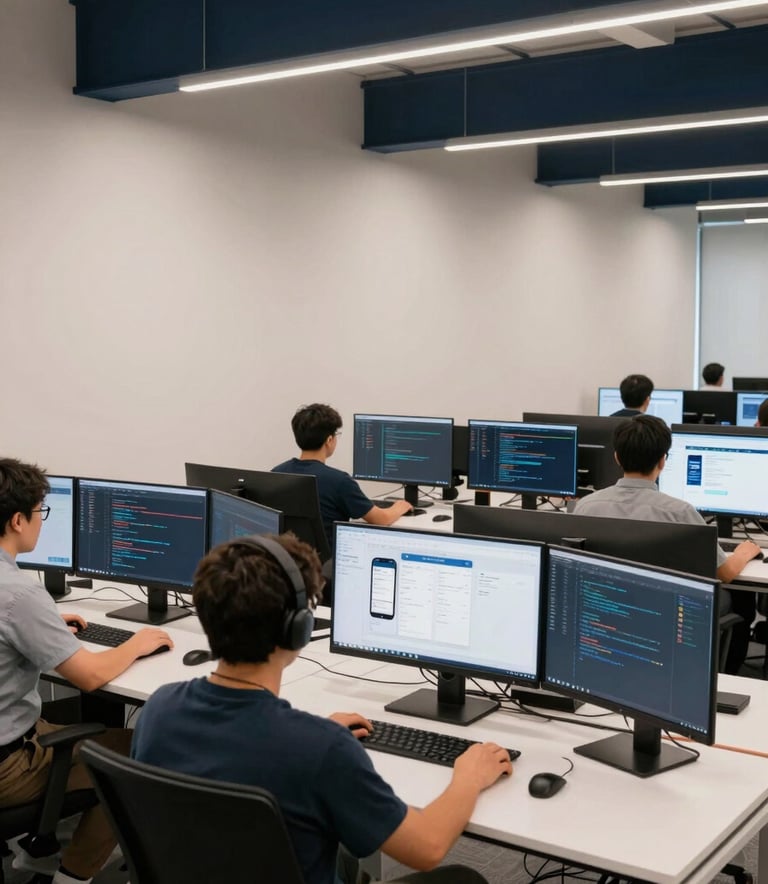 A wide-angle photograph of a collaborative North American / US tech workspace. Developers are sitting at desks with large monitors displaying software code and mobile app layouts. The office features soft off-white walls and dark navy blue architectural details, creating a clean, modern atmosphere.