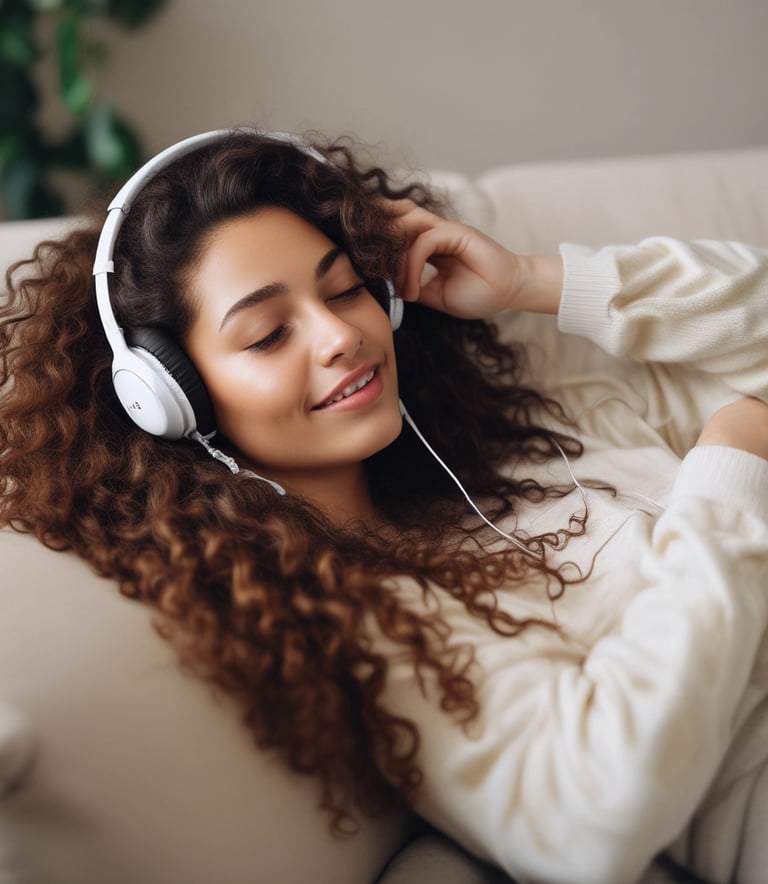 30 year old cream complexion woman with  long curly hair lying on sofa with headphones on