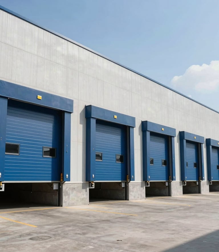A wide shot of a modern industrial warehouse at midday, featuring high-speed rolling doors in Steel Blue, clean concrete exterior, professional atmosphere, International / Global.