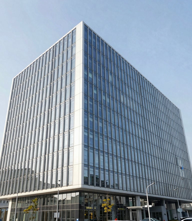 A wide-angle professional photograph of the Roni Door Legacy corporate headquarters, a sleek modern glass building under bright daylight. The scene represents international global business with high-end architecture in shades of white and pale blue.