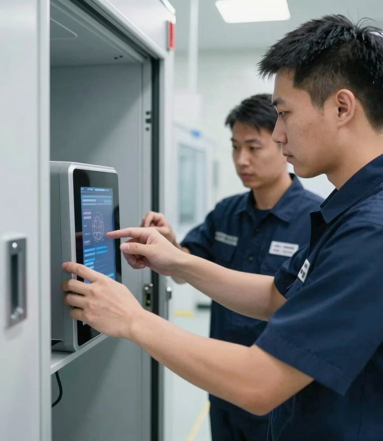A professional team member wearing a navy blue uniform inspecting a high-tech door system in a clean, modern facility. Focus on precision and reliability within an international global environment.