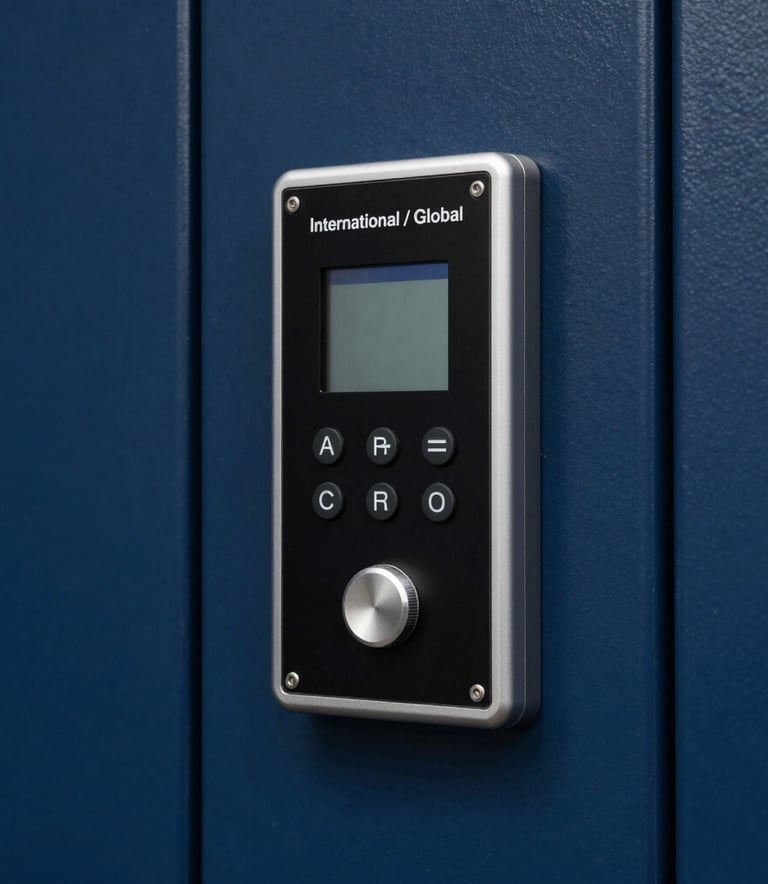 A close-up photograph of a high-security electronic access panel on a sleek Navy Blue metal door, clean lines, professional industrial lighting, International / Global business setting.