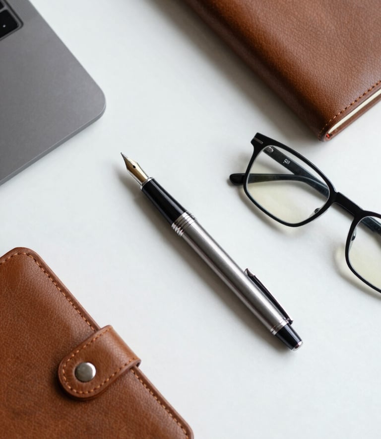 A top-down view of a minimalist corporate desk with a high-end fountain pen, a leather-bound notebook, and a pair of spectacles on a clean white surface, Global Business / Corporate.