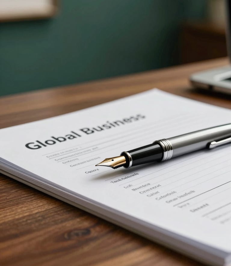 A high-end, close-up photograph of a polished wooden desk featuring a fountain pen and a structured research document. The background is a soft-focus deep green office wall with elegant lighting in a Global Business / Corporate style.