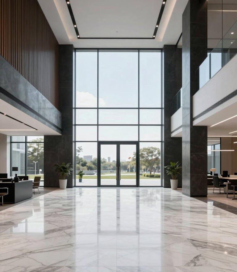 A wide-angle professional photograph of a modern, minimalist corporate office lobby with white marble floors and dark charcoal architectural details. Large glass windows reveal a bright, clear day in a Global Business / Corporate setting.