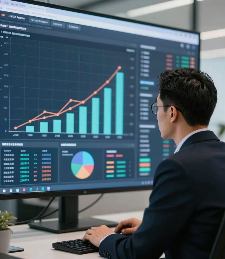 A professional in business attire looking at a large digital screen displaying complex data analysis and growth charts in a sophisticated office setting, Global Business / Corporate.