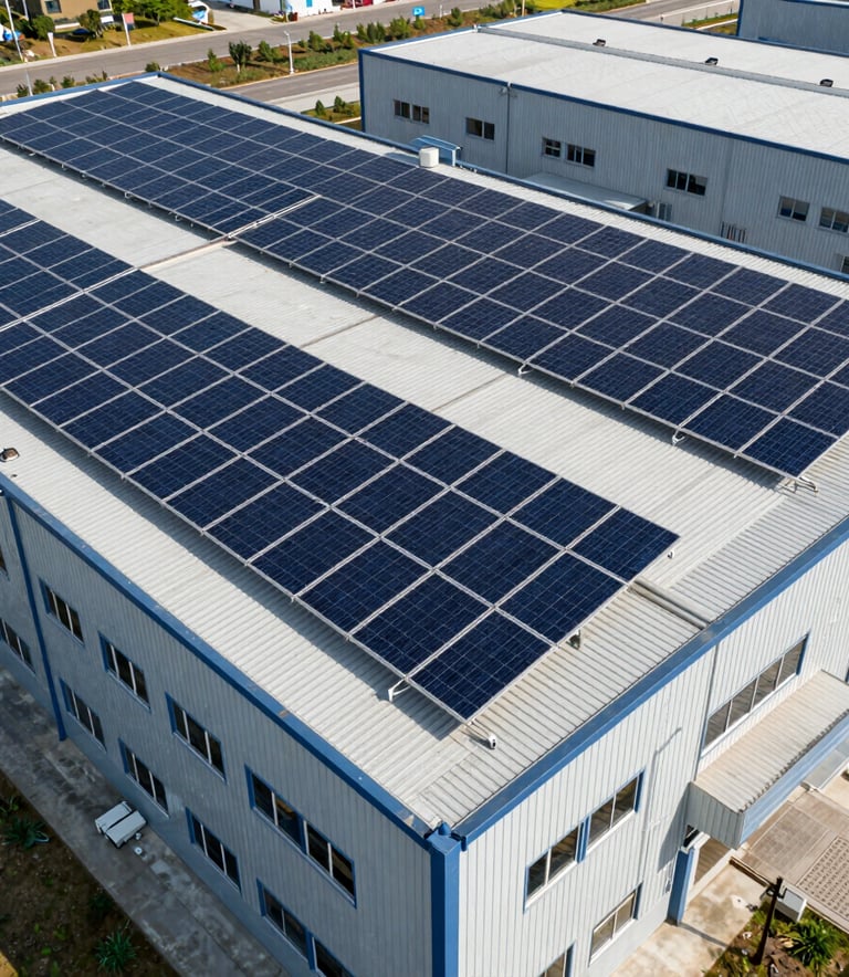 Professional aerial view of an industrial solar panel installation on a factory roof, featuring clean lines and modern design in a North American / Industrial context.