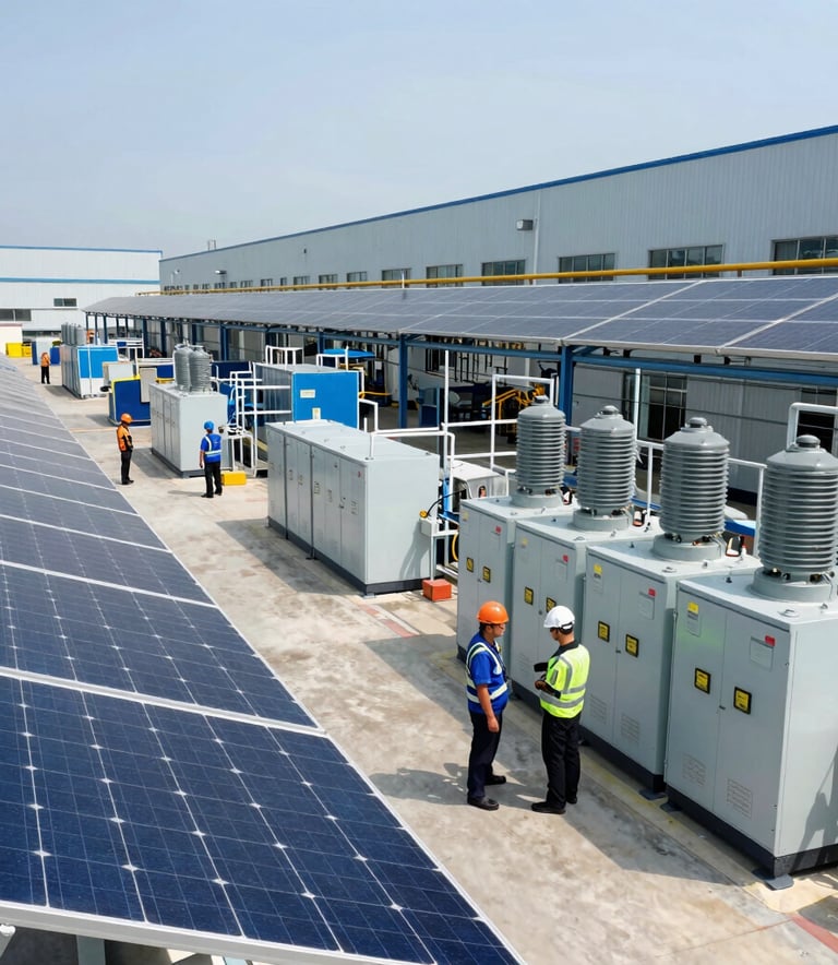 Wide-angle photograph of a bright, clean industrial manufacturing plant in North America. The scene features engineers collaborating near a row of solar panels and heavy-duty electrical distribution systems. The palette includes electric blue and steel gray with natural sunlight.
