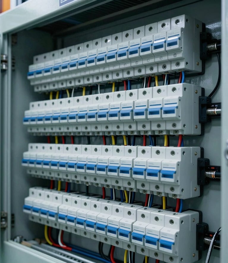 A high-definition macro photograph of a perfectly organized industrial electrical control panel. The image shows intricate wiring, circuit breakers, and IP-rated seals, emphasizing precision engineering and reliability. The lighting is cool electric blue and steel gray, reflecting a clean North American manufacturing environment.