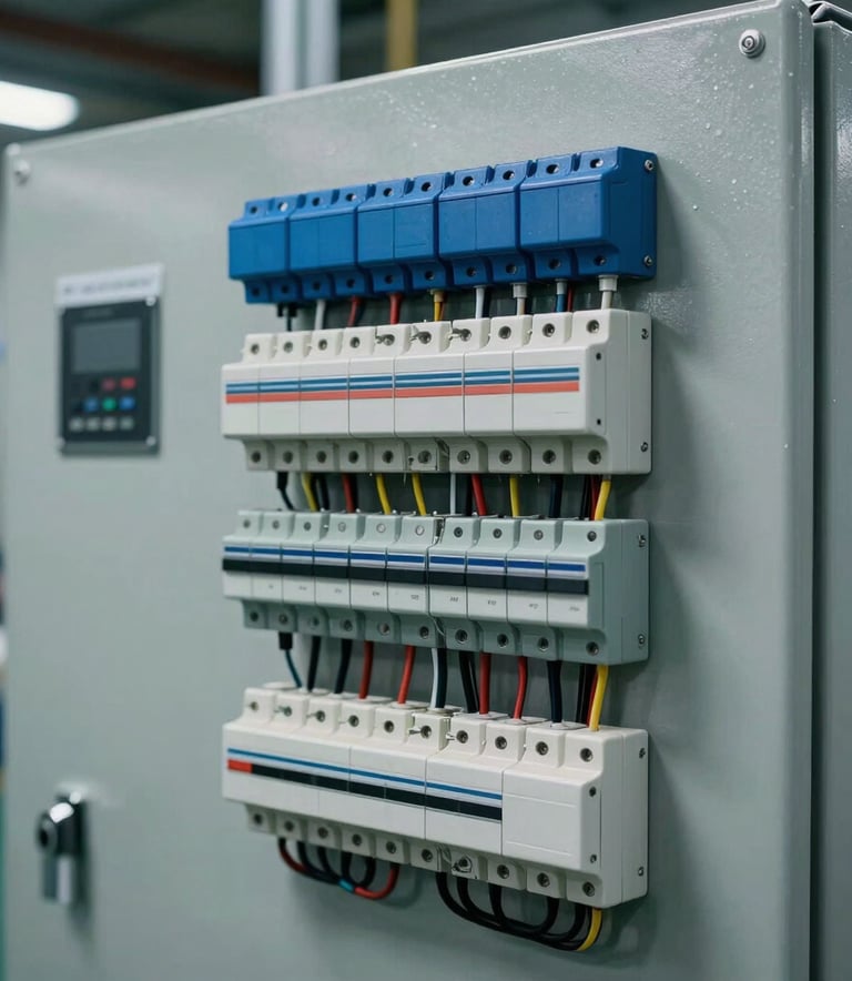 Close-up photography of a high-tech electrical control panel with intricate wiring and components, set in a clean North American / Industrial facility, electric blue and steel gray tones.