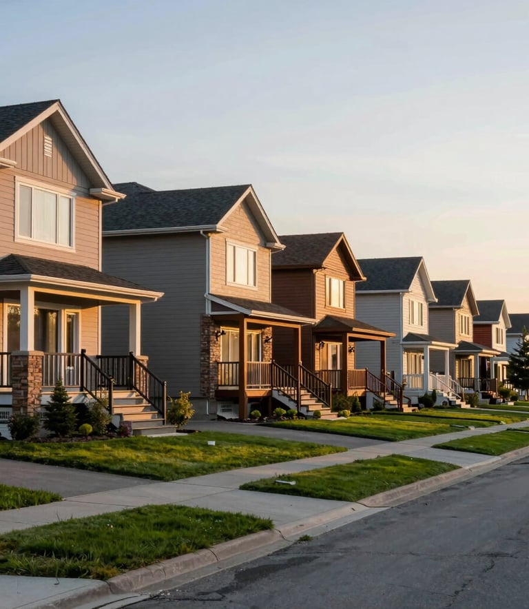 A beautiful residential street in an Ontario suburb featuring modern Canadian architecture and well-kept lawns during the golden hour, symbolizing the dream of home ownership.