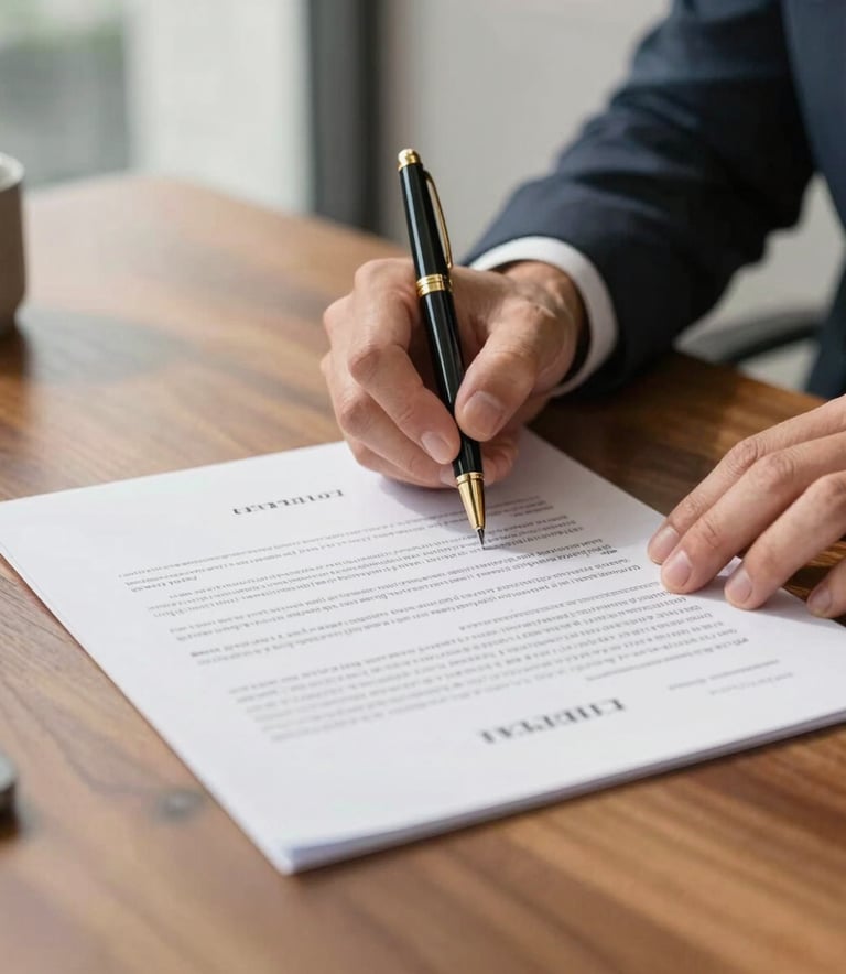 A close-up photograph of a professional signing mortgage documents on a high-quality wood desk in a bright, modern North American office. The lighting is warm and professional, highlighting the textures of the paper and the gold-trimmed pen.