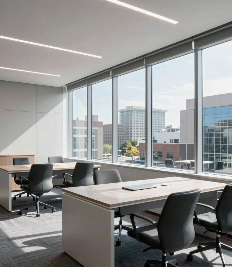 A bright and airy commercial office space in North America with clean lines and minimalist furniture. Large windows overlook a professional district. The interior design uses pale gray and steel blue colors, creating a sense of sophisticated, modern professionalism and trustworthiness.