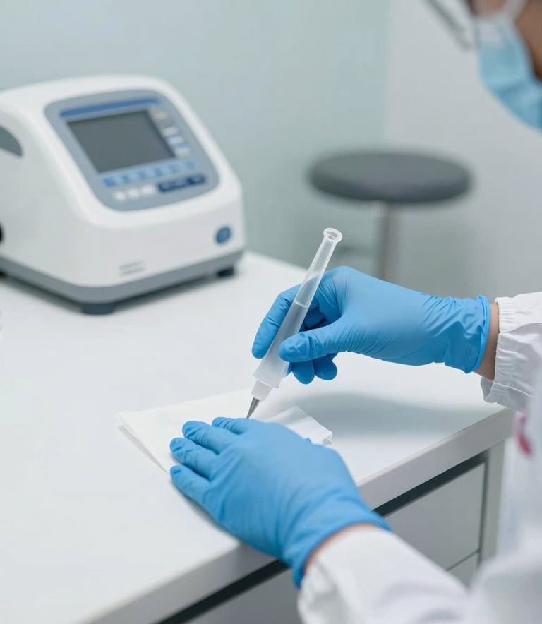 A close-up photograph of a professional cleaning specialist in a North American medical clinic wearing blue nitrile gloves and a white protective uniform, carefully disinfecting high-touch surfaces in an examination room with medical-grade equipment in the background. Bright, clinical lighting, clean and professional atmosphere.