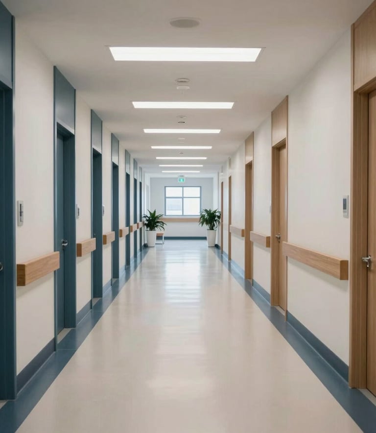 A wide shot of a pristine, modern healthcare facility hallway in Brooklyn, featuring polished floors, dark blue accents, and bright clinical lighting in a North American medical center.