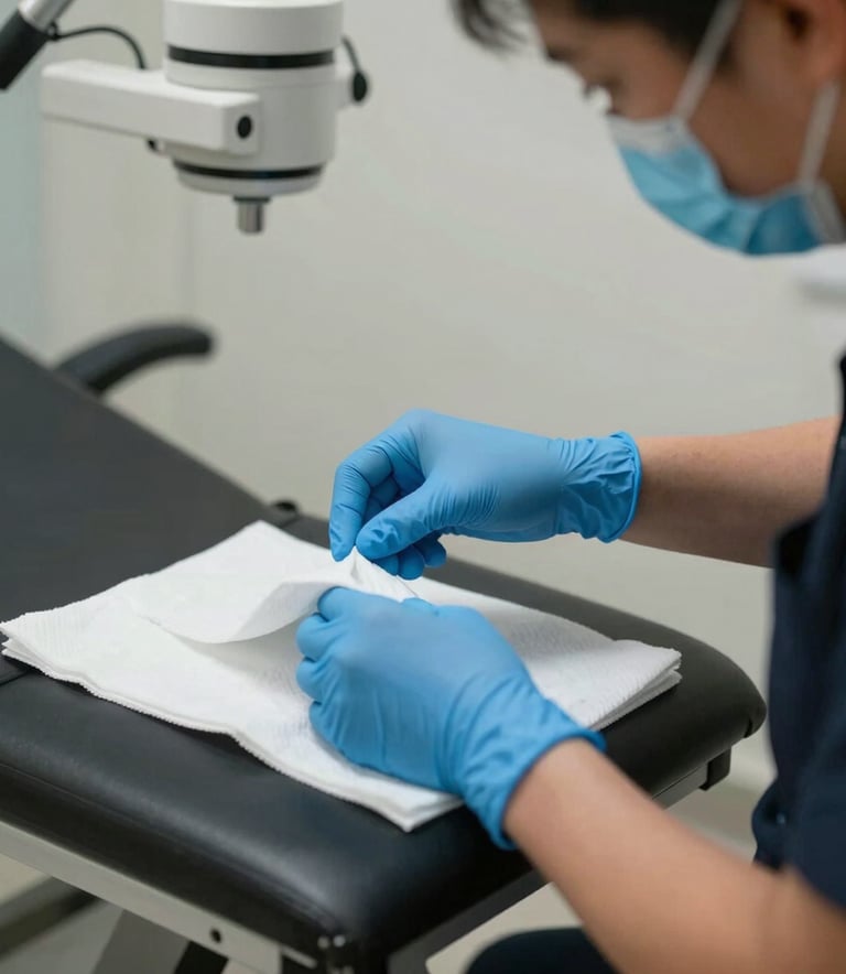 Close-up of a professional cleaning staff member in North American medical attire wearing blue gloves and a mask, carefully sanitizing a high-tech exam table.