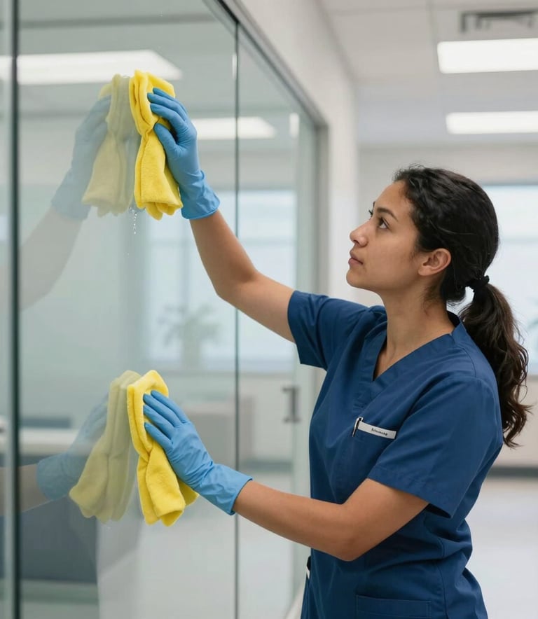 A professional North American cleaning staff member in a medical uniform and gloves cleaning a glass partition in a contemporary clinic. The setting is bright, airy, and highlights the focus on hygiene and professional janitorial service in Brooklyn.
