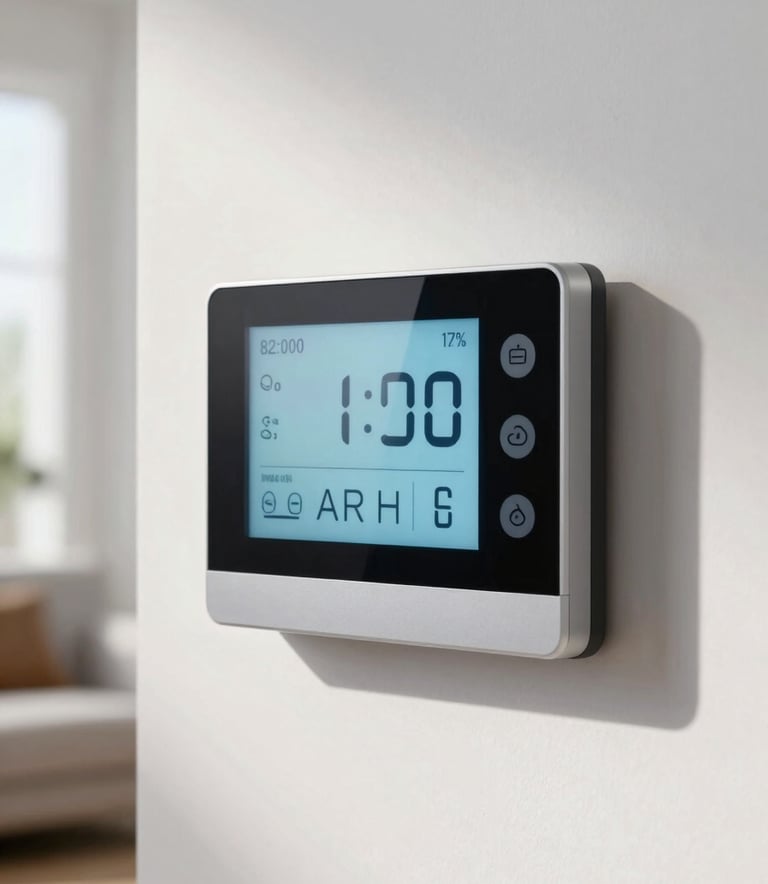 A close-up photograph of a modern digital smart thermostat mounted on a clean white wall in a North American home, displaying a cool temperature setting in a bright, sunlit room.