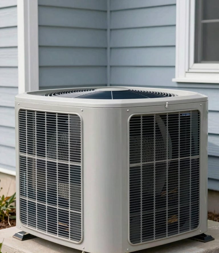 A close-up photograph of a clean, high-efficiency modern outdoor air conditioning unit installed beside a suburban North American / US home with light blue-grey siding. The lighting is bright and clear, emphasizing the professional installation and high-quality metal finish of the HVAC system.
