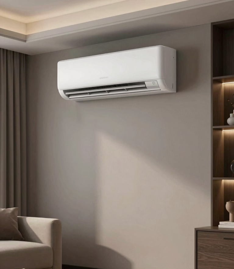 An interior shot of a modern, stylish North American living room with a focus on a high-wall mounted split air conditioning unit that fits seamlessly with the decor.
