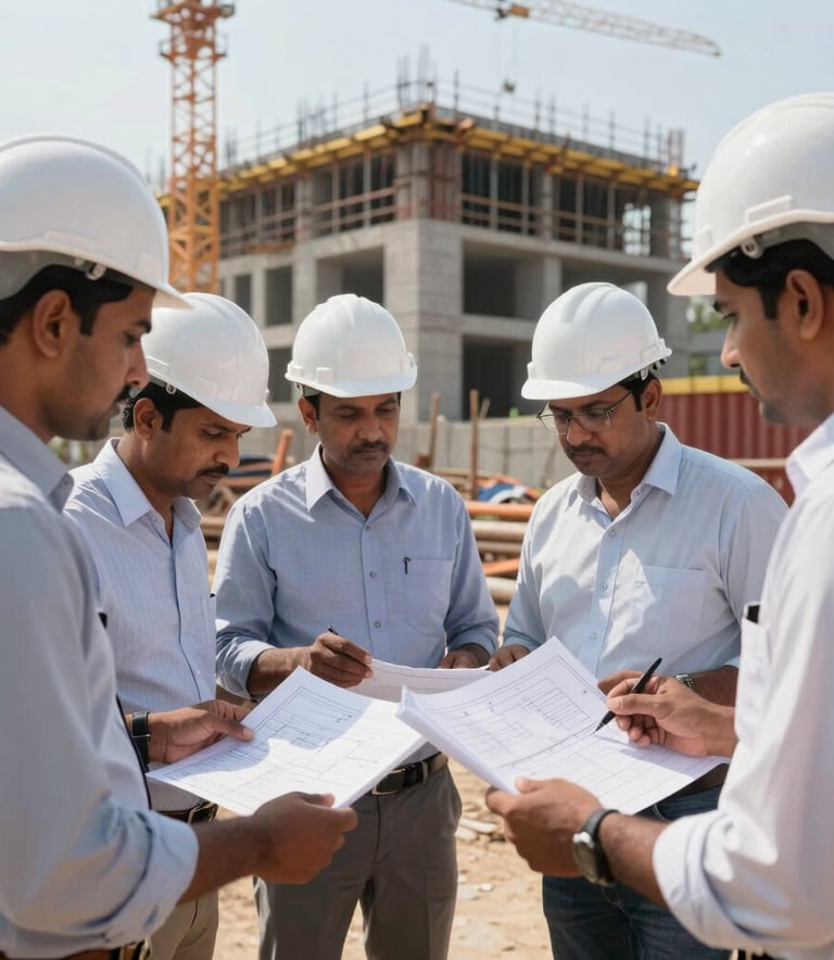 A professional group of South Asian engineers and contractors in white hard hats reviewing technical blueprints on a busy Indian construction site. The background shows a modern building frame under a bright, clear sky.