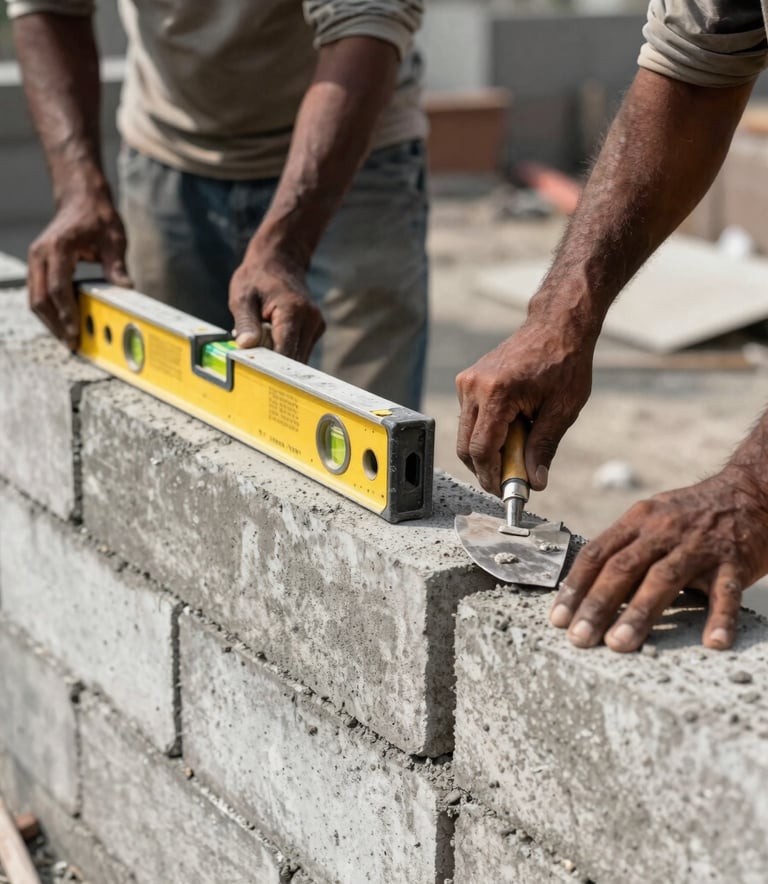 A close-up photograph of skilled South Asian / Indian masons expertly laying concrete blocks for a large wall, using professional levels and trowels, bright daylight, industrial site context.