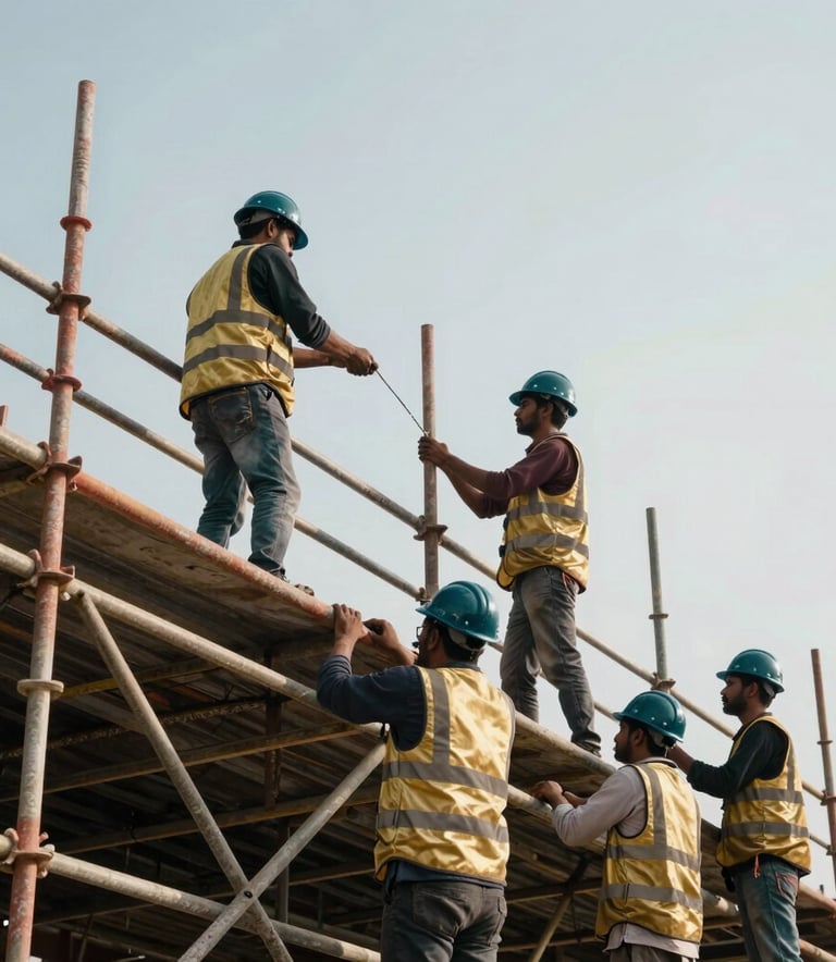 A wide-angle professional photography shot of skilled South Asian construction workers in gold safety vests and dark teal hard hats, precisely assembling a complex scaffolding structure against a bright sky. Modern industrial aesthetic with a focus on strength and precision.