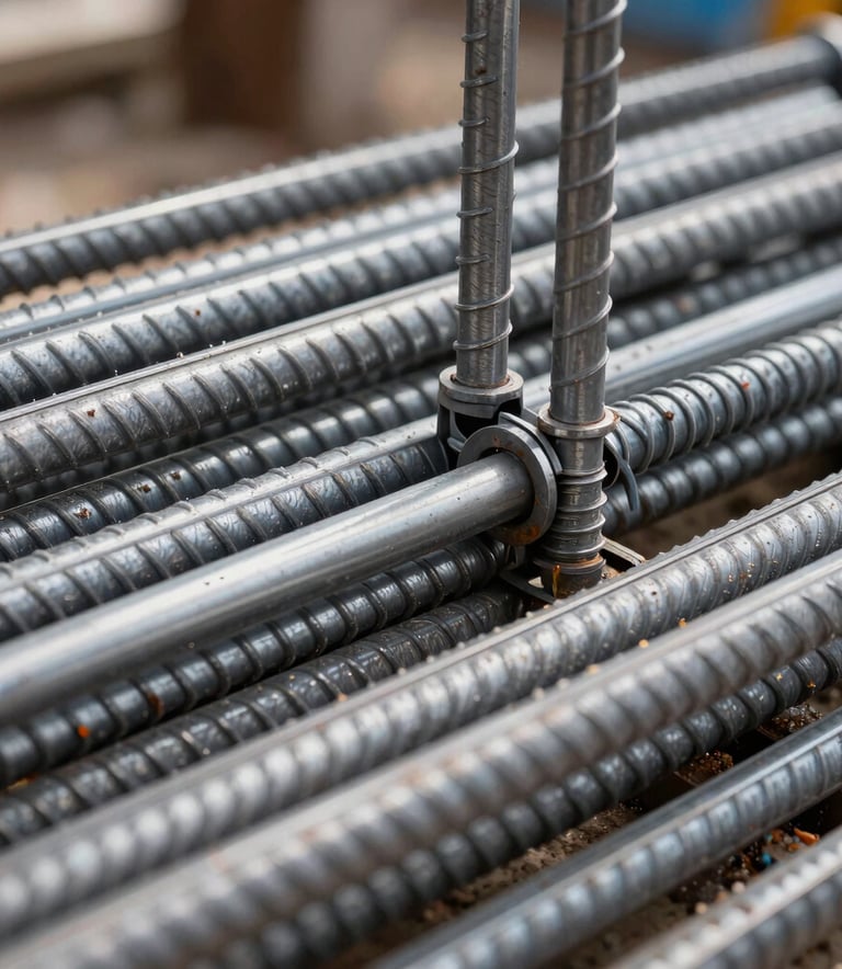 A detailed photograph showing the precision of bar bending and steel fitting on a construction site in South Asia, silver metal rods intertwined with expert craftsmanship.