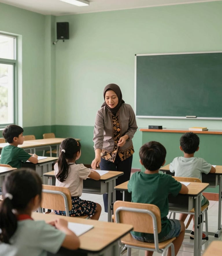 A wide shot of a bright, modern classroom designed for observation, featuring sage green and deep forest green accents. A teacher in modest Indonesian attire is gently guiding a small group of young children. The setting is compassionate and focused on growth.