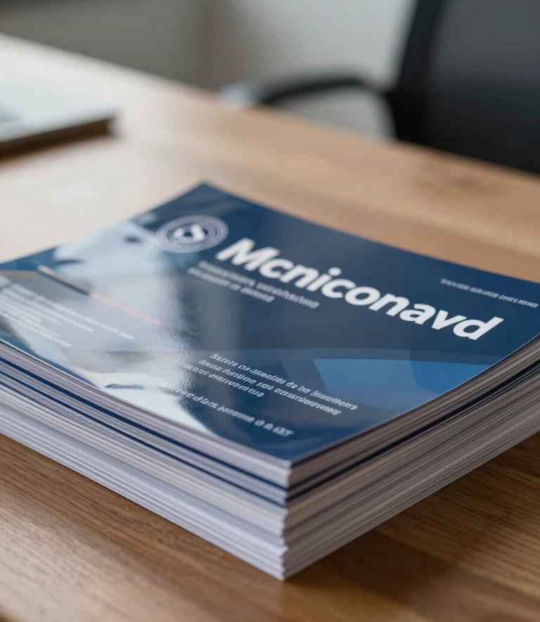 A professional, close-up photograph of a set of high-quality, glossy marketing flyers neatly stacked on a clean wooden desk. A blurred North American office environment is in the background. The lighting is clean and modern, highlighting the professional design. Muted blue and slate tones are reflected in the flyer designs.