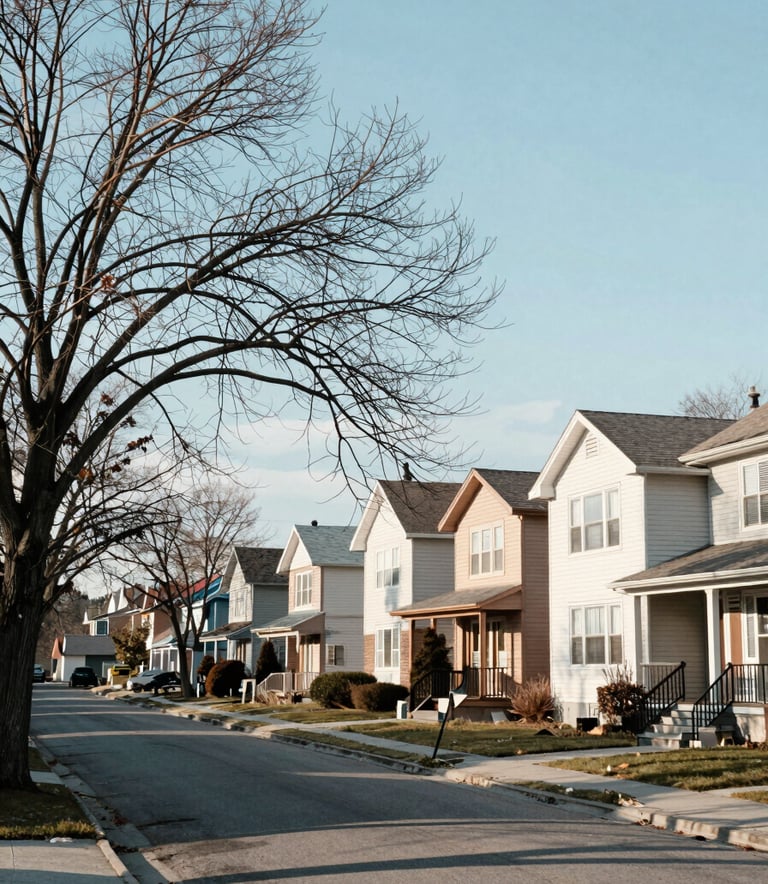 A professional photograph of a local residential street in the Greater Toronto Area, with mature trees and suburban North American architecture. The lighting is bright morning sun, creating a trustworthy atmosphere. Palette elements of muted blue and off-white are reflected in the sky and house exteriors.