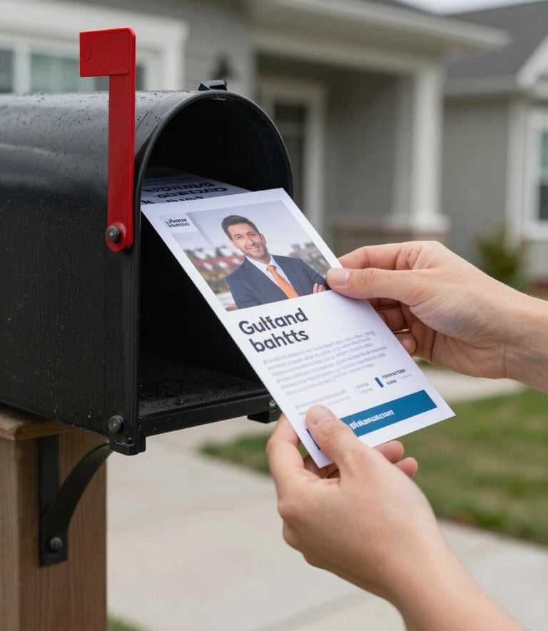 A hand placing a high-quality, colorful business flyer into a sleek mailbox at the entrance of a modern Canadian suburban home, soft daylight, professional photography.