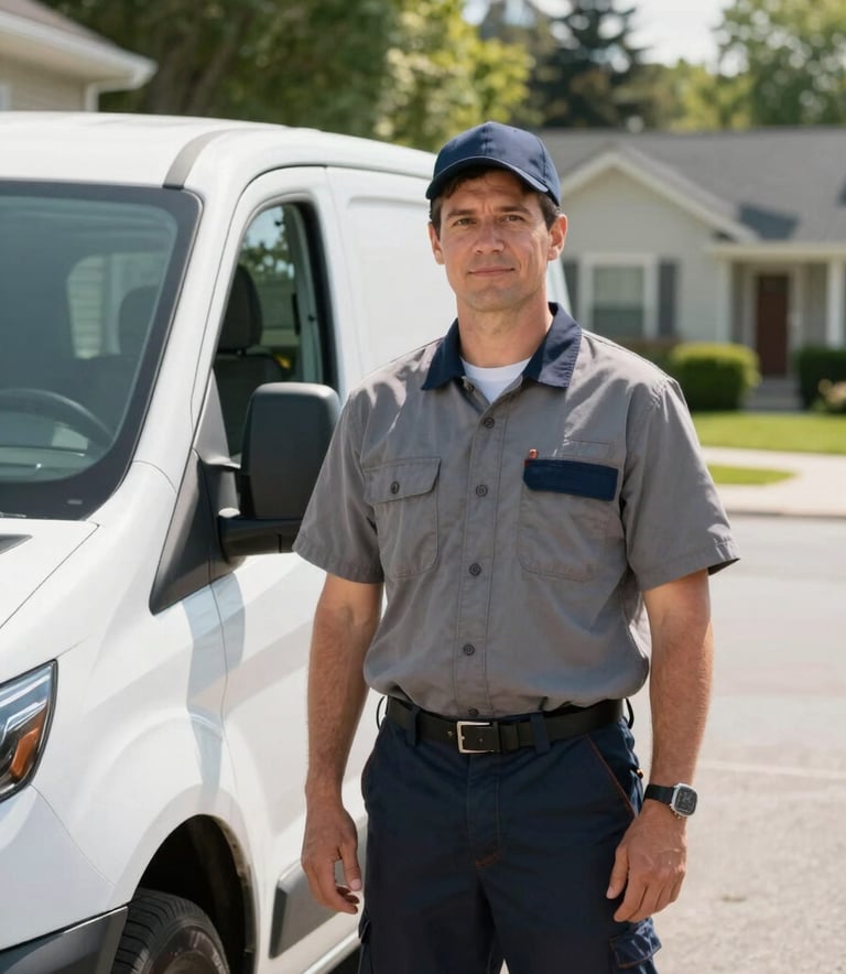 A local home service professional standing confidently next to a white van in a sunny, leafy North American / Canadian residential neighborhood, professional attire, trustworthy and community-oriented atmosphere.