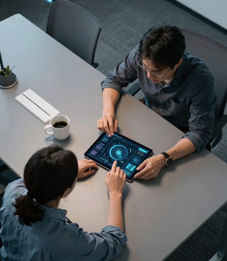 A top-down view of a modern North American / US tech consulting office table. Two professionals in business casual attire are collaborating over a tablet displaying abstract data visualizations. The environment is sleek with Charcoal Grey surfaces, Ice White accents, and a soft glow of Cerulean Blue from a nearby light fixture.