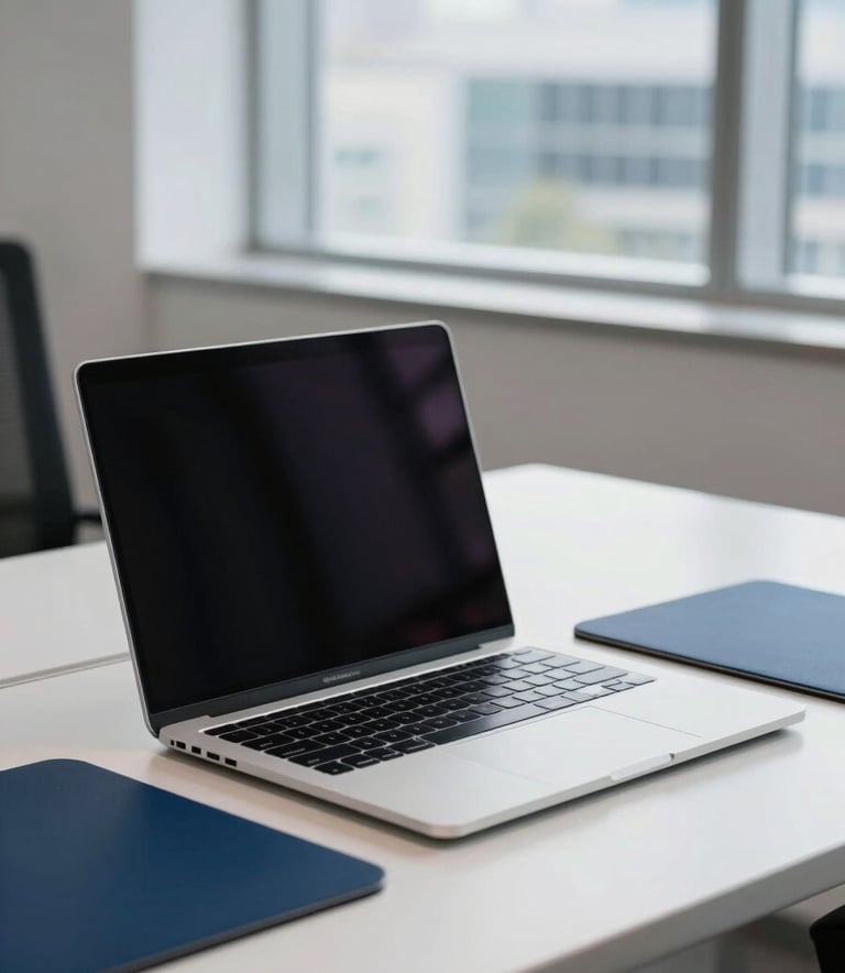 A close-up shot of a professional at a minimalist workstation in a North American / US office. The scene features a high-end laptop, a clean desk with Midnight Blue desk pads, and soft Ice White ambient lighting. The background is slightly blurred showing a modern corporate window view.