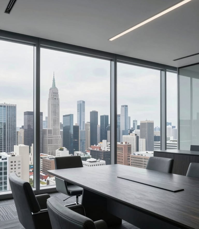 A high-end, bright glass-walled boardroom in a North American / US skyscraper overlooking a sprawling city skyline, featuring minimalist slate charcoal furniture and clean lines.