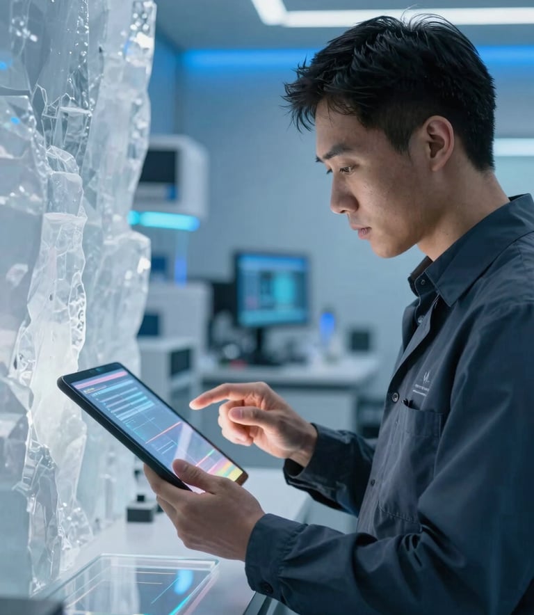 A professional in a North American / US tech lab interacting with a clear holographic tablet, surrounded by ethereal ice-white walls and vibrant azure accent lighting.