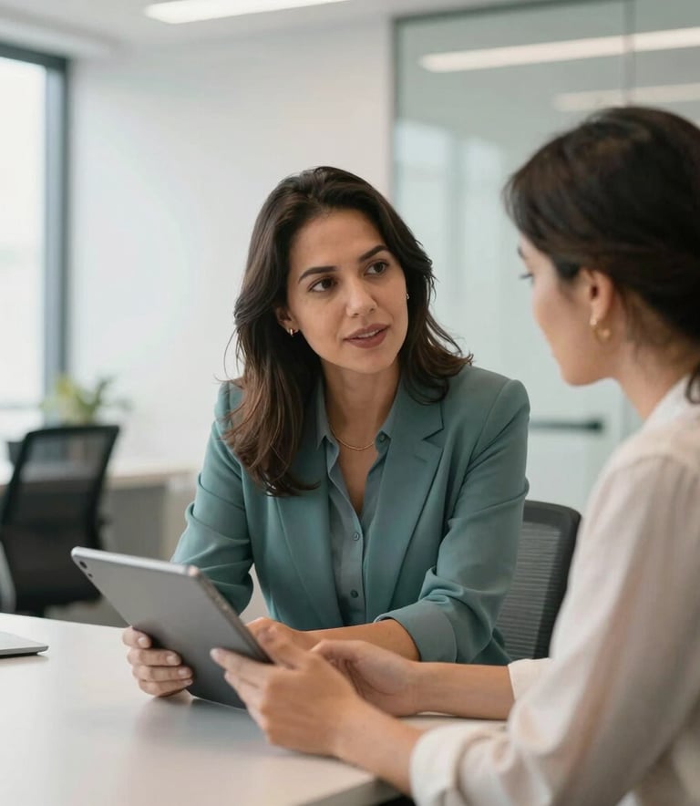 A bright, modern Brazilian office space where a career mentor is having an empathetic conversation with a candidate. They are both looking at a tablet. The atmosphere is professional and supportive. Colors include muted teal and off-white.