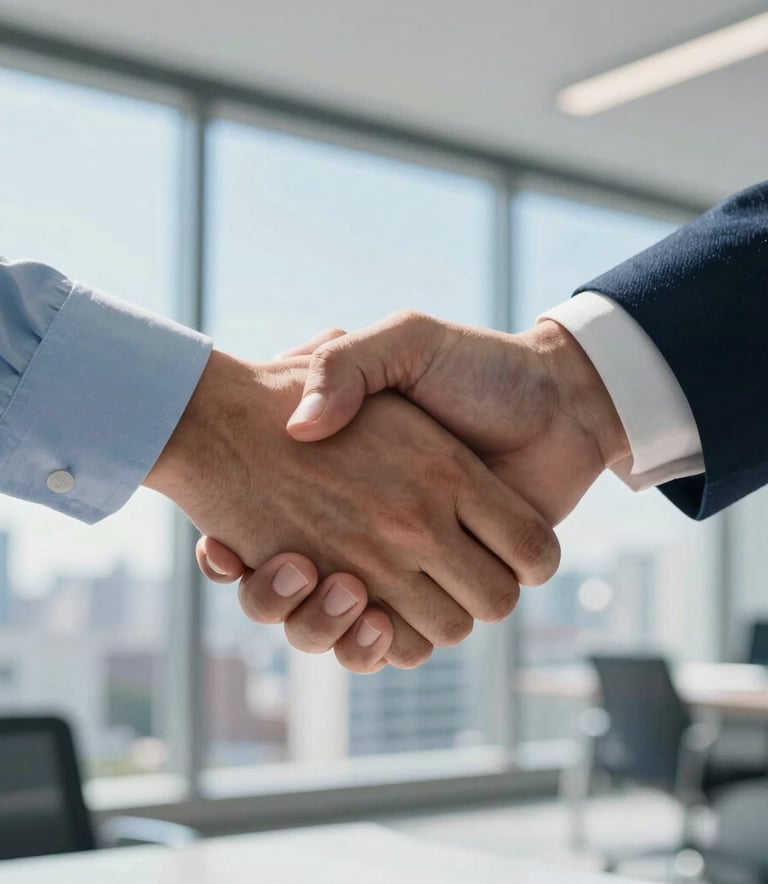 A close-up shot of a professional handshake in a modern Brazilian office. In the background, a sunlit window shows a blurred cityscape. The lighting is bright and optimistic, emphasizing a new beginning and trust. The colors feature soft sky blue and deep slate tones.