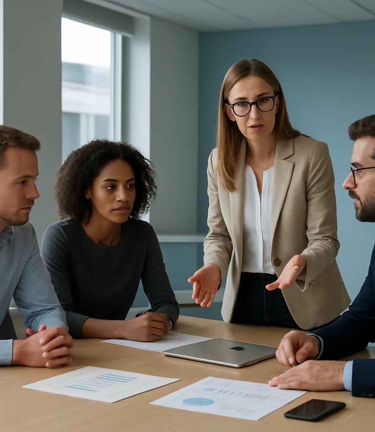 A collaborative team of professionals in a modern Central European office space, discussing strategy around a large table, with daylight and light blue accents in the background.