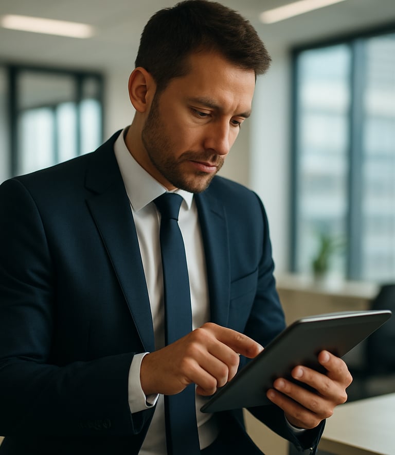 Candid photography of a professional in business attire working with data on a tablet in a brightly lit, modern Slovak office space. The composition is clean and focused, using a shallow depth of field to highlight the sense of expertise and attention to detail.