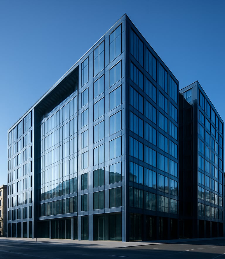 Clean and professional wide-angle shot of a modern glass business center in a Central European city, reflecting a clear blue sky, exuding stability and innovation, with steel blue architectural details.