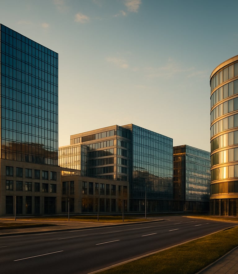 A wide-angle landscape photograph of a modern commercial district in Slovakia during golden hour. The architecture is a mix of contemporary glass structures and solid foundations, emphasizing stability and progress in a Central European setting.