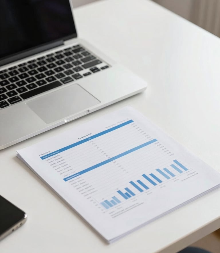 A clean, modern workspace in the United States with a laptop and financial documents on a white desk, emphasizing efficiency and clarity with light blue accents.