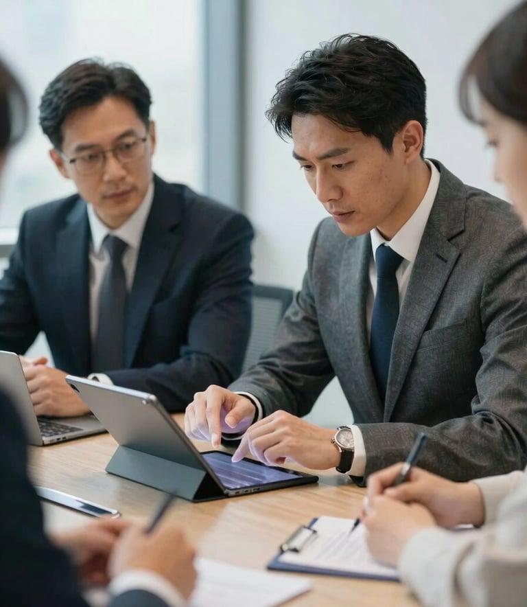 A professional business meeting in a bright North American boardroom, focusing on two confident professionals discussing a strategy over a digital tablet, soft blue lighting.